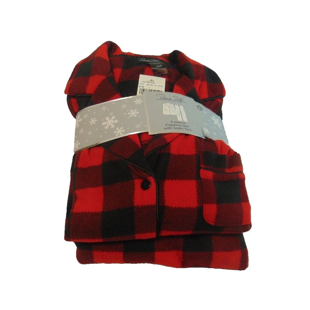Rene Rofe Classic Pajama Set Women's L Red Buffalo Check 2 Pc Button Drawstring